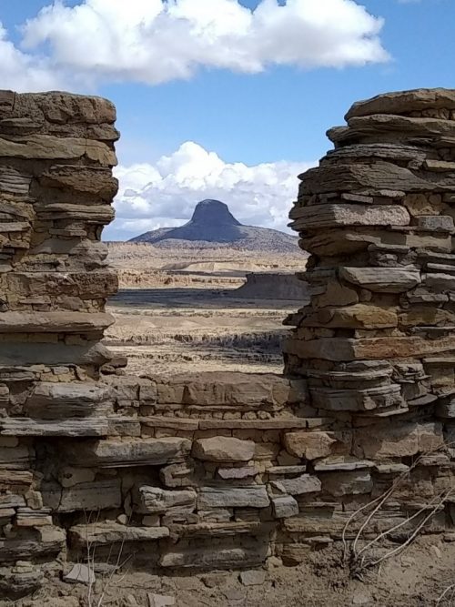 Cabezon Peak from a window opening at Guadalupe Ruin